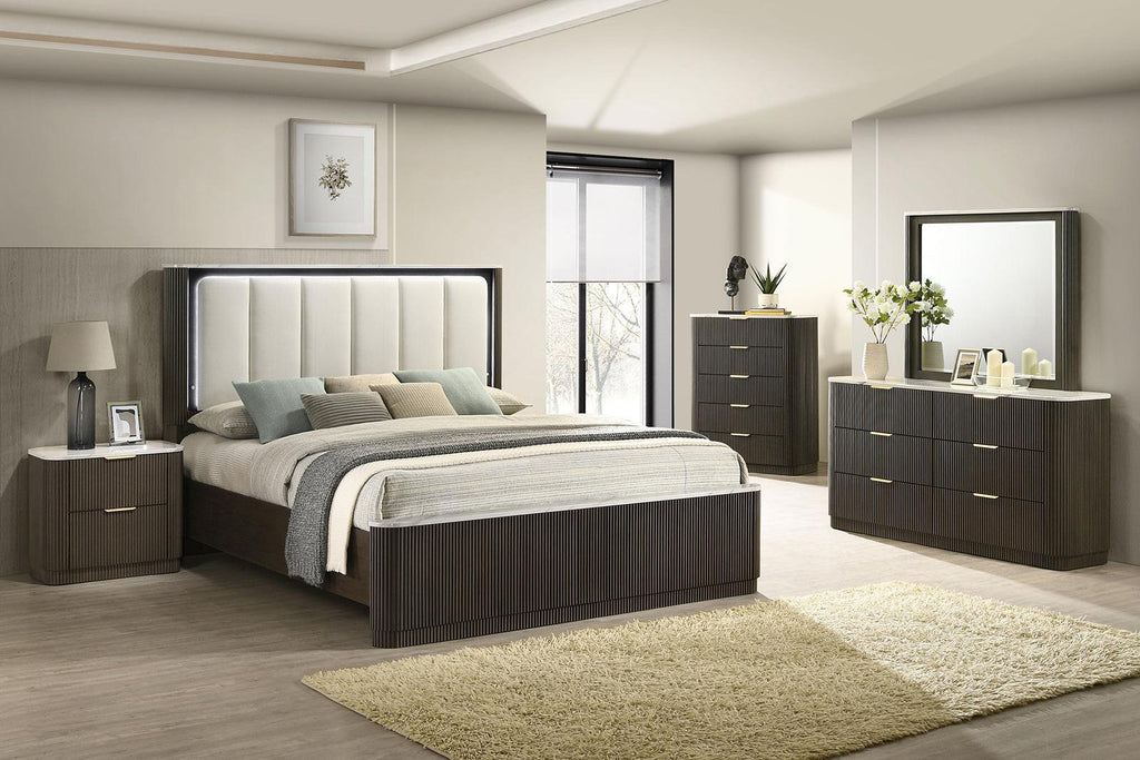 Dark Walnut Nightstand with Marble Top for Contemporary Bedrooms.