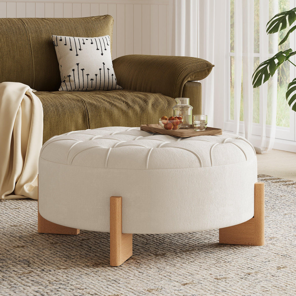 32' Round Tufted Ottoman - Elegant Chenille Coffee Table.