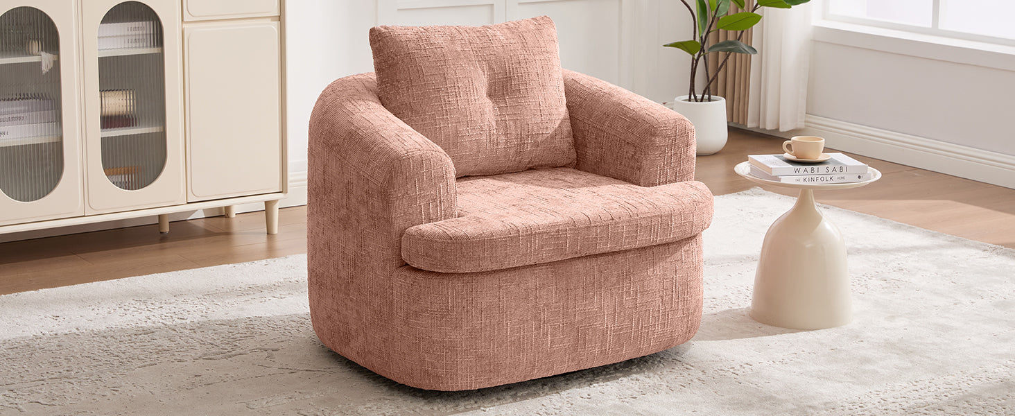 Modern Pink Swivel Barrel Chair with 360° Rotation and Dual-Layer Cushion for Living Room, Bedroom, Office, 36.6' Round Accent Chair in Chenille