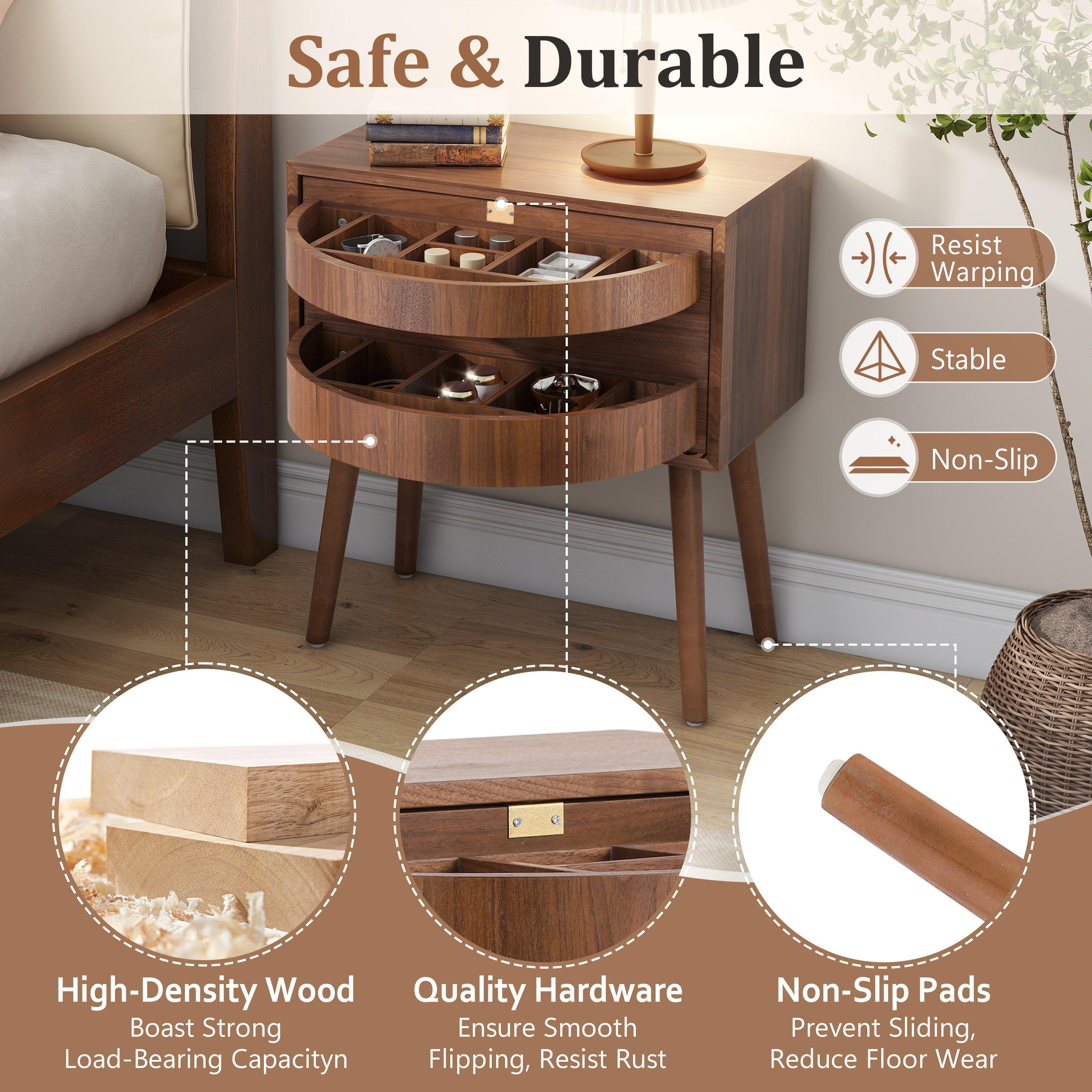 Rotating Hidden Compartment Nightstands - Walnut Rattan Table.