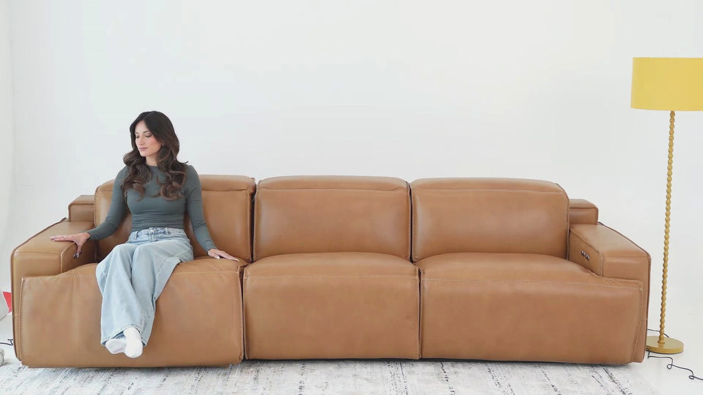 Urbana 3-Seat Power Reclining Leather Sofa in Tan - Adjustable Headrest, Footrest, & Backrest